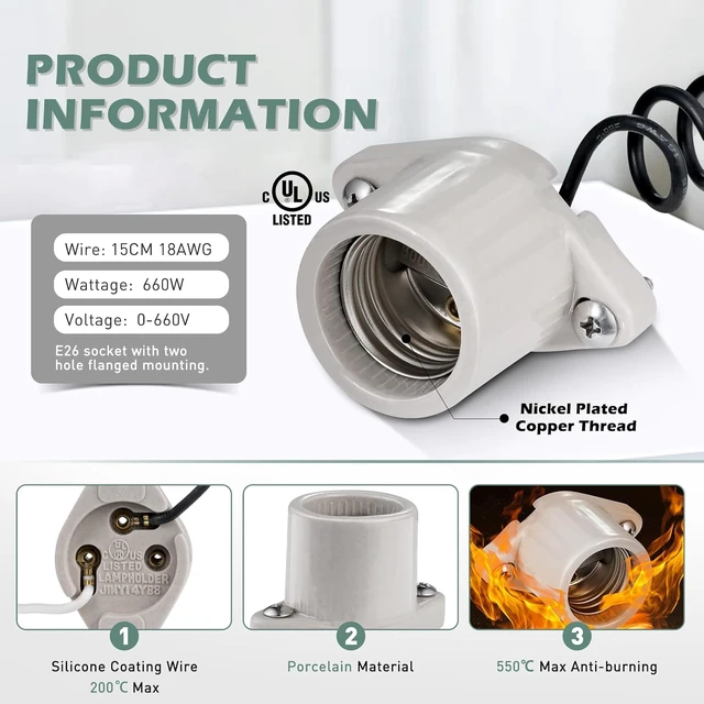 Alt view image 2 of 7 - E26 Medium Screw Porcelain Surface Mount Light Socket, Cleat Lamp Socket with Two-Hole Flanged Mount, Keyless, 6" Leads (8)