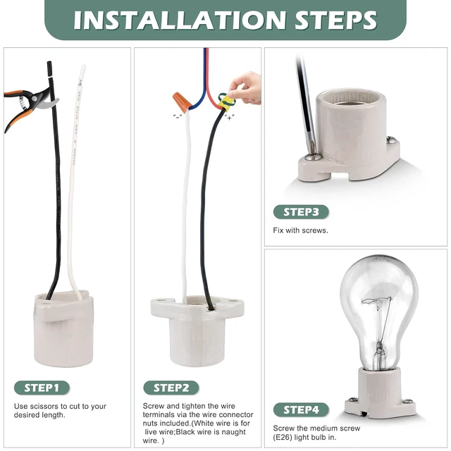 Alt view image 4 of 7 - E26 Medium Screw Porcelain Surface Mount Light Socket, Cleat Lamp Socket with Two-Hole Flanged Mount, Keyless, 6" Leads (8)