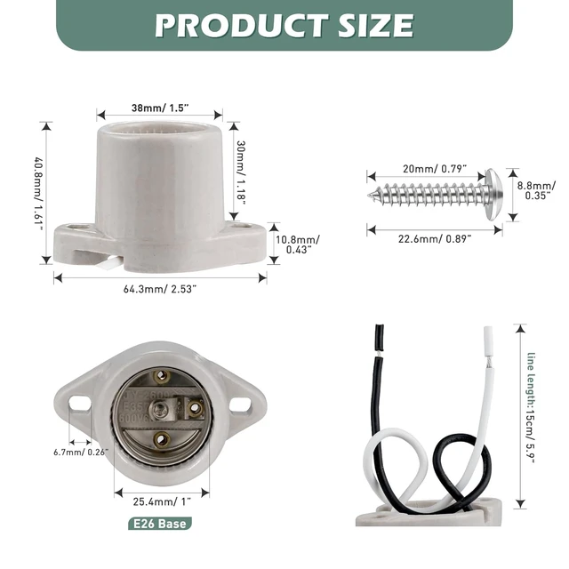 Alt view image 6 of 7 - E26 Medium Screw Porcelain Surface Mount Light Socket, Cleat Lamp Socket with Two-Hole Flanged Mount, Keyless, 6" Leads (8)