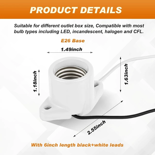 Alt view image 2 of 6 - Porcelain Keyless E26 Lamp Holder Light Socket with 6" Lead, 40 Pcs