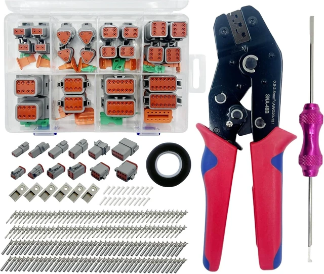 Main image of 237 PCS Deutsch DT 2/3/4/6/8/12 Pin Connector Kit, IP68 Waterproof Plug with 80 Pairs Size 16 Stamped Contacts, Ratchet Crimping Pliers & Terminal Removal Tool