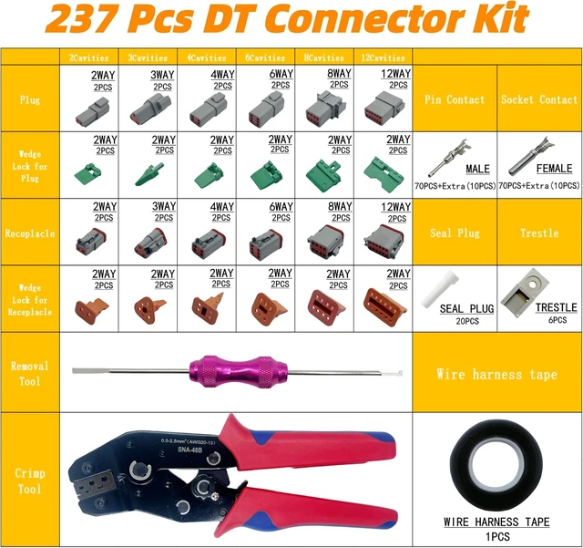 Alt view image 2 of 5 - 237 PCS Deutsch DT 2/3/4/6/8/12 Pin Connector Kit, IP68 Waterproof Plug with 80 Pairs Size 16 Stamped Contacts, Ratchet Crimping Pliers & Terminal Removal Tool
