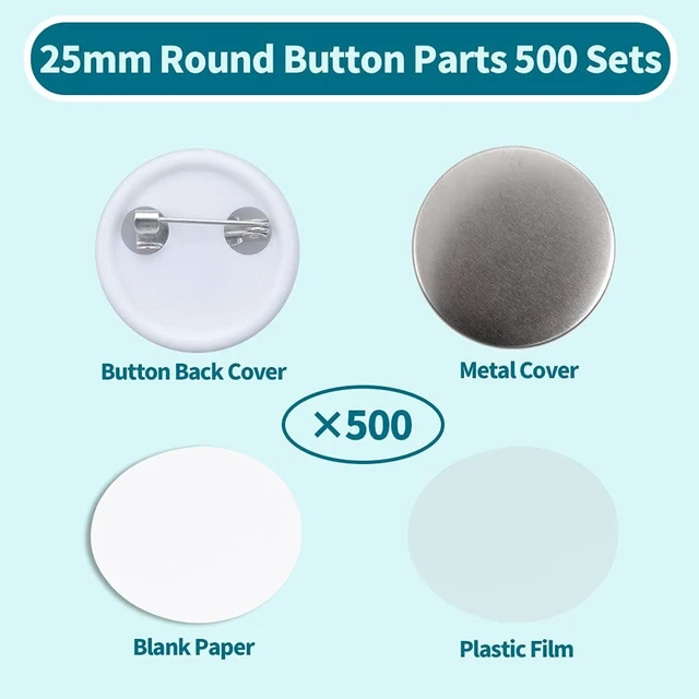 Alt view image 2 of 6 - 25mm (1 inch) Blank Pin Back Button Making Supplies, 500 Sets with Metal Covers, Plastic Backs, Clear Film & Blank Paper for Button Maker Machine