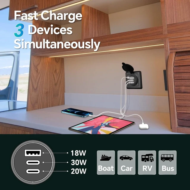Alt view image 2 of 7 - 3-Port RV USB Wall Outlet, Dual USB-C & USB-A 12V Fast Charging