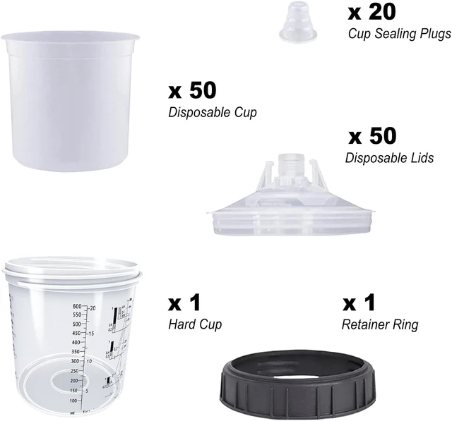 Alt view image 3 of 6 - Disposable HVLP Paint Spray Gun Cup System, 20 oz (600ml) Kit with 50 Cups & Lids, 1 Hard Mixing Cup with Retainer Ring and 20 Plugs