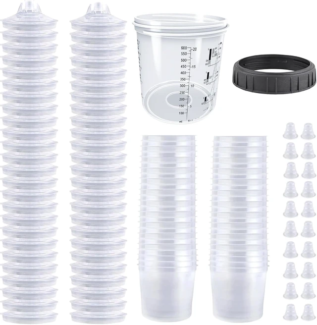 Alt view image 2 of 6 - Disposable HVLP Paint Spray Gun Cup System, 20 oz (600ml) Kit with 50 Cups & Lids, 1 Hard Mixing Cup with Retainer Ring and 20 Plugs