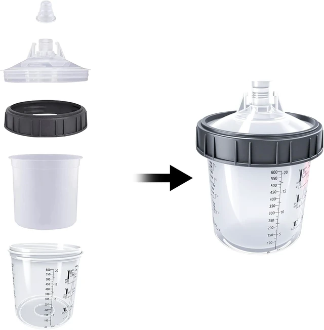 Alt view image 4 of 6 - Disposable HVLP Paint Spray Gun Cup System, 20 oz (600ml) Kit with 50 Cups & Lids, 1 Hard Mixing Cup with Retainer Ring and 20 Plugs