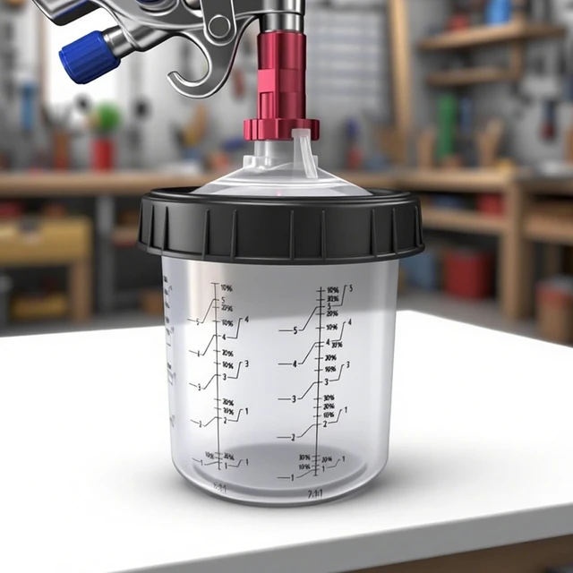 Alt view image 5 of 6 - Disposable HVLP Paint Spray Gun Cup System, 20 oz (600ml) Kit with 50 Cups & Lids, 1 Hard Mixing Cup with Retainer Ring and 20 Plugs