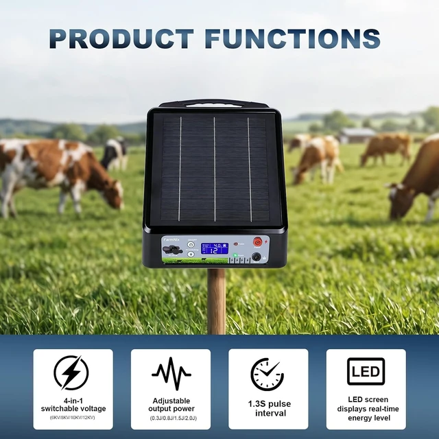 Alt view image 4 of 7 - 6-12KV Adjustable Solar Electric Fence Charger, 20 Miles Range, Max 2J Pulse, LED