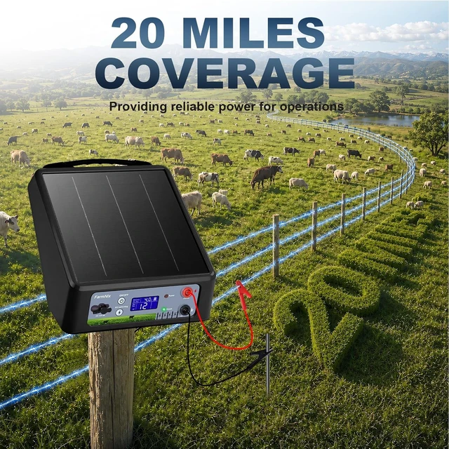 Alt view image 2 of 7 - 6-12KV Adjustable Solar Electric Fence Charger, 20 Miles Range, Max 2J Pulse, LED