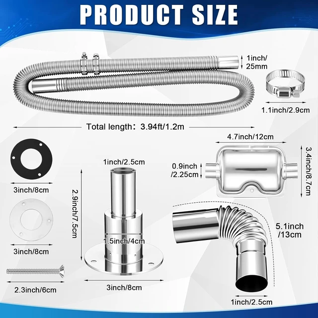 Alt view image 2 of 7 - 25mm x 150cm Stainless Steel Diesel Heater Exhaust Pipe & Silencer