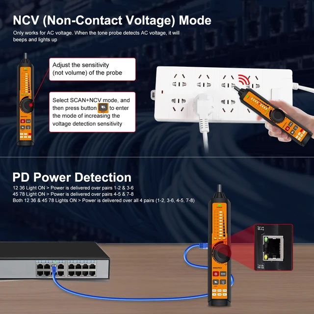 Alt view image 5 of 7 - Rechargeable Digital Tone & Cable Tester with Probe, Supports Optical Power Meter, Visual Fault Locator, PoE Test, Continuity & Port Flashing NCV (LT-300S)