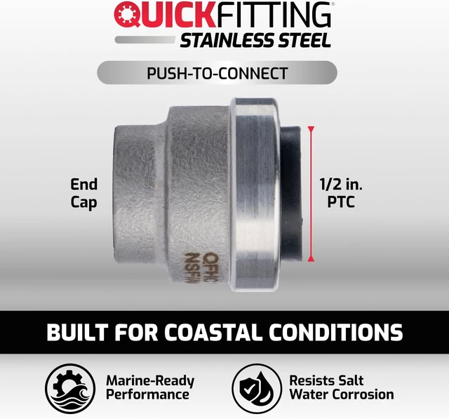 Alt view image 2 of 6 - 1/2" Stainless Steel Push-to-Connect Cap, QuickFitting, 4 Pack
