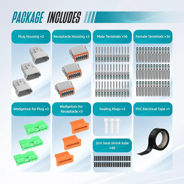Alt view image 2 of 7 - 12-Pin DT Deutsch Connector Kit, Gray Waterproof with Solid Terminals & Sealing Plugs, 1420 AWG for Car/Truck/Motorcycle/Marine, 3 Sets