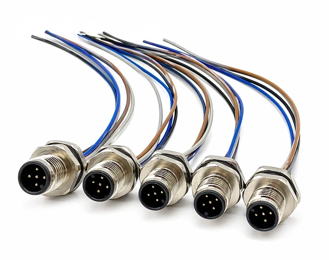 Main image of 5PCS M12 5-Pin Panel Mount Male Connector, A-Coded IP67 Waterproof Bulkhead Plug with 20cm Pigtail Leads & 16mm Thread for PLC/Sensor Automation