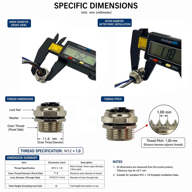 Alt view image 4 of 6 - 5PCS M12 5-Pin Panel Mount Male Connector, A-Coded IP67 Waterproof Bulkhead Plug with 20cm Pigtail Leads & 16mm Thread for PLC/Sensor Automation