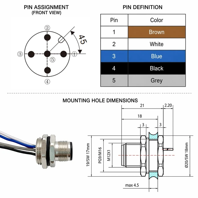 Alt view image 3 of 6 - 5PCS M12 5-Pin Panel Mount Male Connector, A-Coded IP67 Waterproof Bulkhead Plug with 20cm Pigtail Leads & 16mm Thread for PLC/Sensor Automation