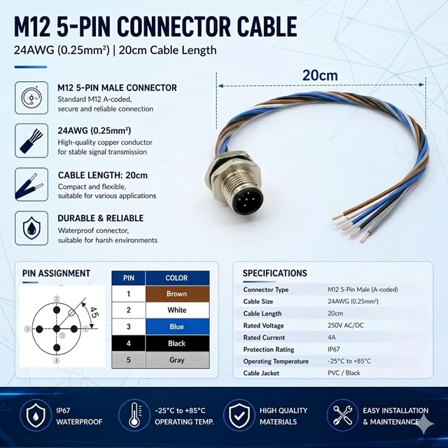 Alt view image 5 of 6 - 5PCS M12 5-Pin Panel Mount Male Connector, A-Coded IP67 Waterproof Bulkhead Plug with 20cm Pigtail Leads & 16mm Thread for PLC/Sensor Automation