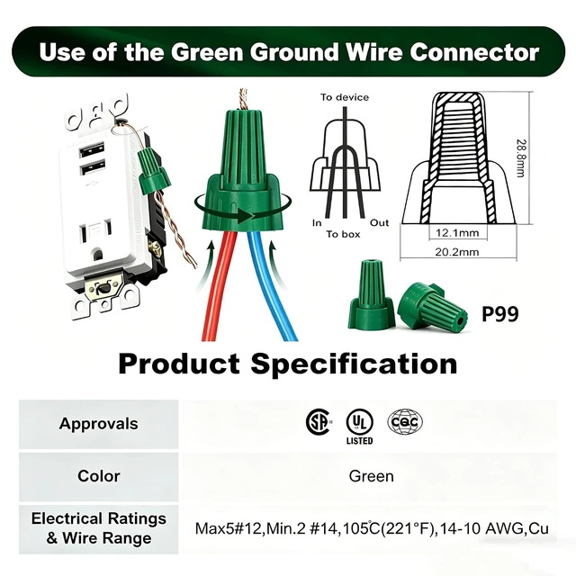 Alt view image 2 of 7 - 1000PCS Green Winged Ground Wire Nuts with Hole, 14-10 AWG Twist-On Screw-On Connectors, UL & CSA Certified for Grounding & Bonding