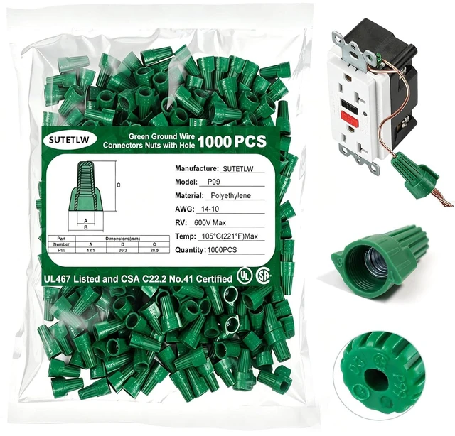 Main image of 1000PCS Green Winged Ground Wire Nuts with Hole, 14-10 AWG Twist-On Screw-On Connectors, UL & CSA Certified for Grounding & Bonding
