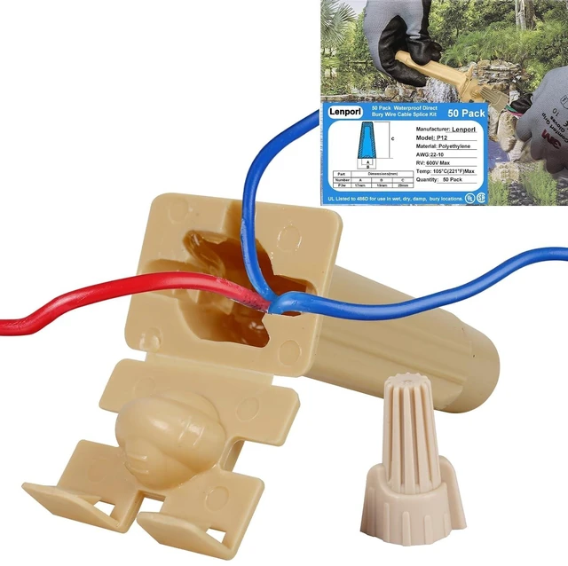Main image of 50 Pack Waterproof Direct Bury Wire Splice Kit, 22-10 AWG Outdoor Seal Nuts/Caps for Landscape Lighting, Irrigation & Wet Locations, Yellow