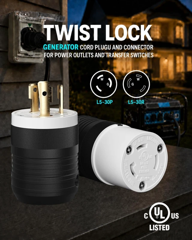 Alt view image 3 of 7 - 2 Set NEMA L5-30P & L5-30R 30 Amp Twist Lock Plug & Connector, 2P 3W Grounding, 30A 125V Industrial Grade for Generator & RV, Flame-Resistant Nylon V-2, UL Listed E355464