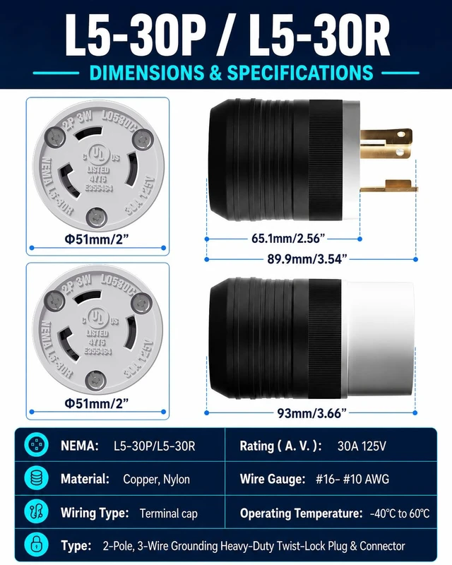 Alt view image 2 of 7 - 2 Set NEMA L5-30P & L5-30R 30 Amp Twist Lock Plug & Connector, 2P 3W Grounding, 30A 125V Industrial Grade for Generator & RV, Flame-Resistant Nylon V-2, UL Listed E355464