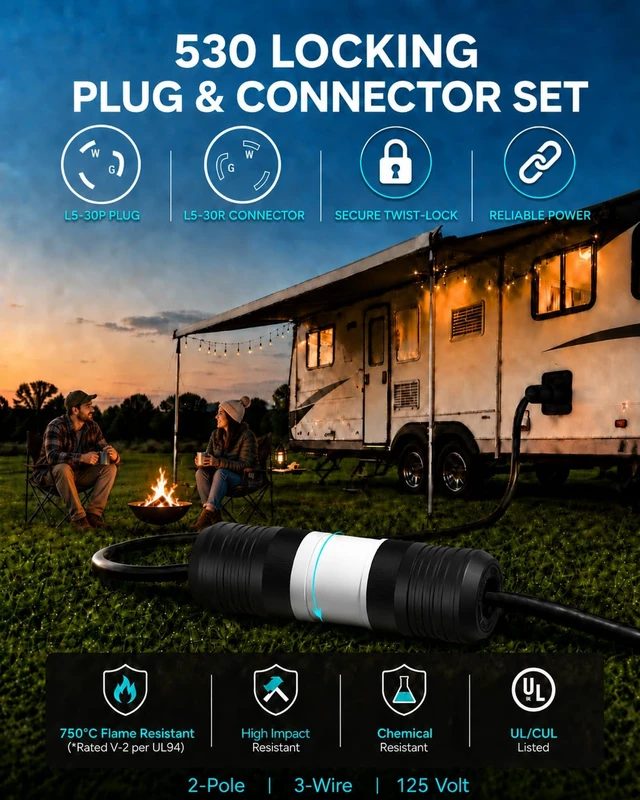 Alt view image 5 of 7 - 2 Set NEMA L5-30P & L5-30R 30 Amp Twist Lock Plug & Connector, 2P 3W Grounding, 30A 125V Industrial Grade for Generator & RV, Flame-Resistant Nylon V-2, UL Listed E355464