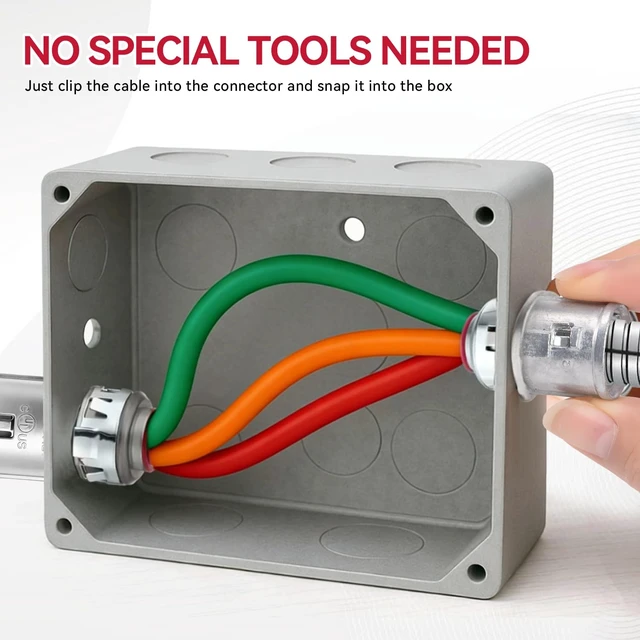 Alt view image 3 of 6 - 25Pack 3/8" Snap-in Zinc Die-Cast MC Cable Connectors for Steel & Aluminum Cable, Fits 1/2" Knockout Boxes