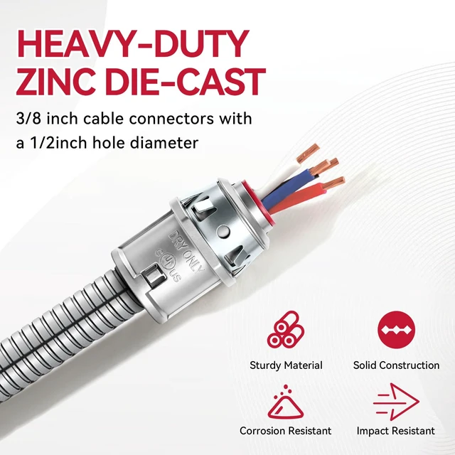 Alt view image 4 of 6 - 25Pack 3/8" Snap-in Zinc Die-Cast MC Cable Connectors for Steel & Aluminum Cable, Fits 1/2" Knockout Boxes