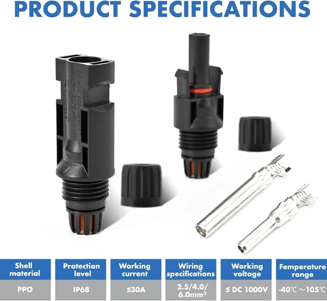 Alt view image 6 of 7 - 40 PCS MC4 Waterproof IP67 Solar Connectors, 1000V 30A (10AWG)
