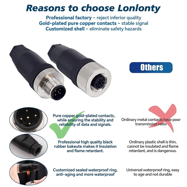 Alt view image 5 of 7 - M12 5-Pin Male & Female Panel Aviation Connector, 12mm IP67 Waterproof Industrial Circular, 4 Sets