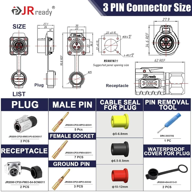 Alt view image 4 of 7 - 3-Pin Circular Aviation Connector Kit, IP68 Screw Lock Socket