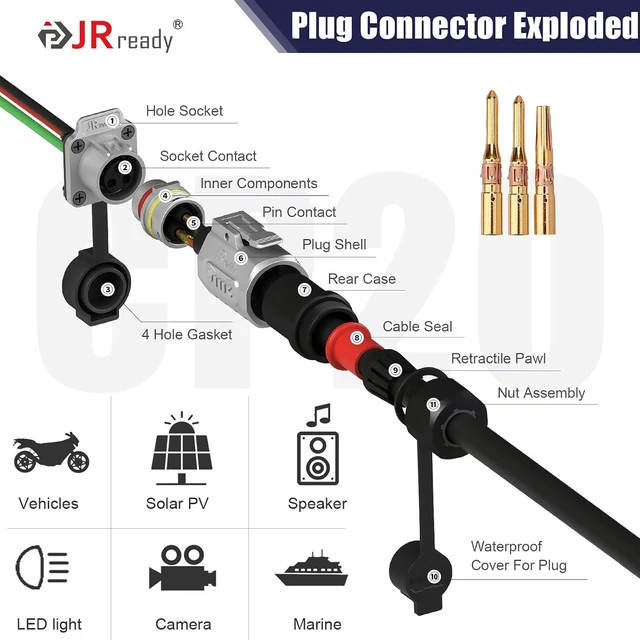 Alt view image 3 of 7 - 3-Pin Circular Aviation Connector Kit, IP68 Screw Lock Socket