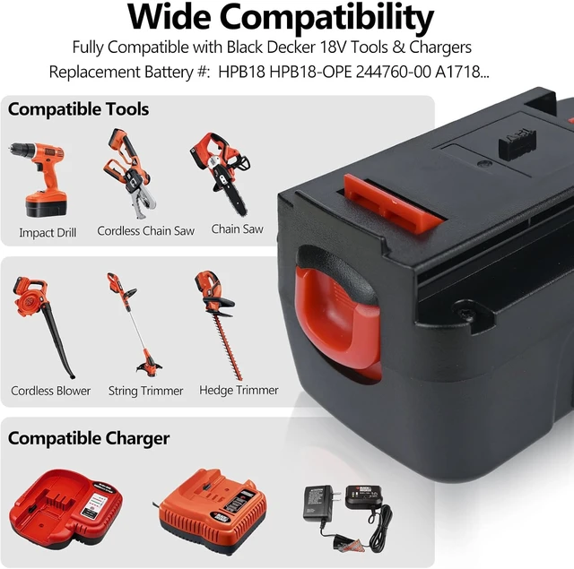 Alt view image 4 of 7 - 18V 7.0Ah HPB18 Lithium Battery, Replacement for Black & Decker 244760-00, A1718, A18, A18E, A18NH, HPB18-OPE, FS180BX, FS18BX, FS18FL, FSB18 Firestorm