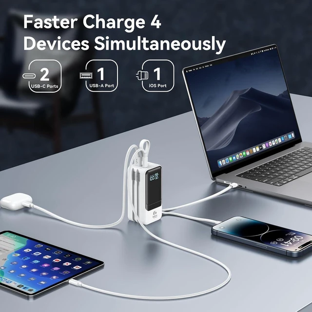 Alt view image 2 of 7 - 18400mAh 65W Laptop Power Bank, Fast Charging Portable Charger with Dual Built-in USB-C & Lightning Cables and LCD Display for MacBook/XPS
