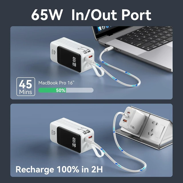Alt view image 3 of 7 - 18400mAh 65W Laptop Power Bank, Fast Charging Portable Charger with Dual Built-in USB-C & Lightning Cables and LCD Display for MacBook/XPS