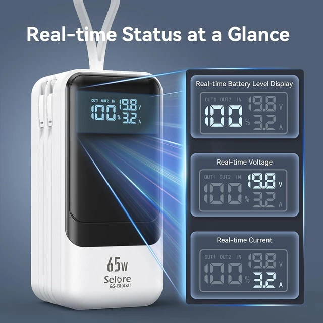 Alt view image 6 of 7 - 18400mAh 65W Laptop Power Bank, Fast Charging Portable Charger with Dual Built-in USB-C & Lightning Cables and LCD Display for MacBook/XPS