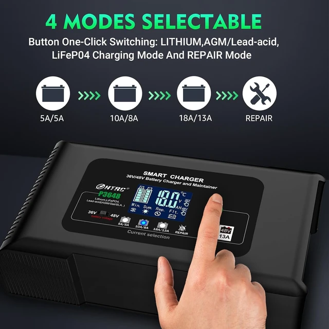 Alt view image 4 of 7 - 36 Volt 18 Amp Golf Cart Battery Charger for EZGO TXT with D Style Plug, 36V-18A & 48V-13A Smart Charger, Trickle & Pulse Repair for Lithium/LiFePO4/Lead-Acid