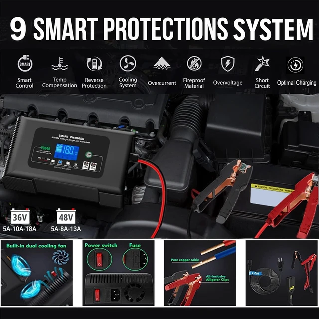 Alt view image 7 of 7 - 36 Volt 18 Amp Golf Cart Battery Charger for EZGO TXT with D Style Plug, 36V-18A & 48V-13A Smart Charger, Trickle & Pulse Repair for Lithium/LiFePO4/Lead-Acid