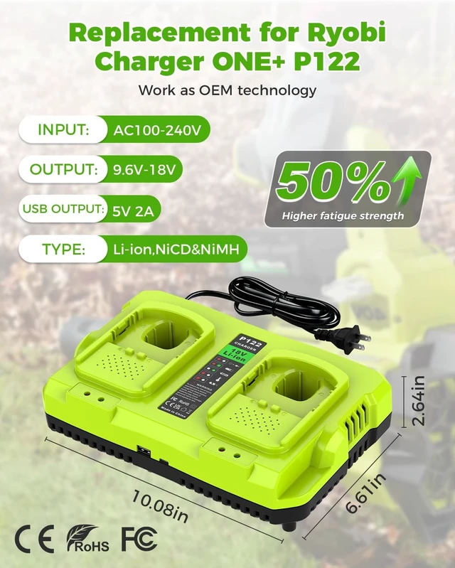 Alt view image 2 of 7 - P117 Dual-Port Rapid Charger for Ryobi 12V-18V One+ Lithium Batteries, Replaces 18V Charger, P100/P102/P103/P105/P107/P108/P190/PBP005/PBP006/PBP2005