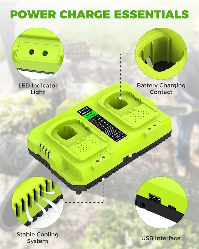 Alt view image 3 of 7 - P117 Dual-Port Rapid Charger for Ryobi 12V-18V One+ Lithium Batteries, Replaces 18V Charger, P100/P102/P103/P105/P107/P108/P190/PBP005/PBP006/PBP2005