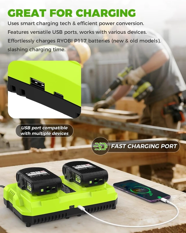 Alt view image 4 of 7 - P117 Dual-Port Rapid Charger for Ryobi 12V-18V One+ Lithium Batteries, Replaces 18V Charger, P100/P102/P103/P105/P107/P108/P190/PBP005/PBP006/PBP2005