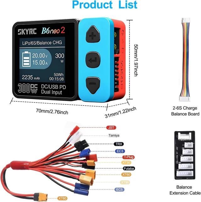 Alt view image 2 of 7 - SKYRC B6 neo2 LiPo Battery Charger, Smart Balance Charger/Discharger, DC 300W PD 80W for 1S-6S LiPo/Li-Ion/LiHV & 1-15S NiMH/NiCd/PB with 10-in-1 XT60 Adapter