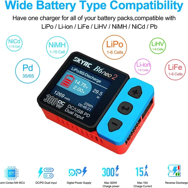 Alt view image 3 of 7 - SKYRC B6 neo2 LiPo Battery Charger, Smart Balance Charger/Discharger, DC 300W PD 80W for 1S-6S LiPo/Li-Ion/LiHV & 1-15S NiMH/NiCd/PB with 10-in-1 XT60 Adapter