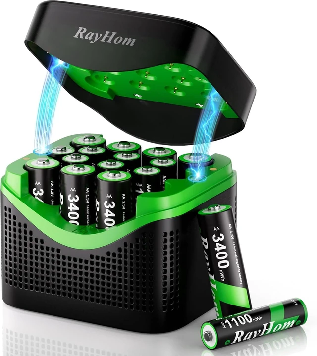 Main image of Rechargeable 8 AA & 8 AAA Lithium Batteries with 16-Slot Li-ion Charger