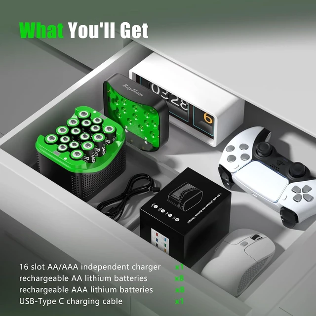 Alt view image 7 of 7 - Rechargeable 8 AA & 8 AAA Lithium Batteries with 16-Slot Li-ion Charger