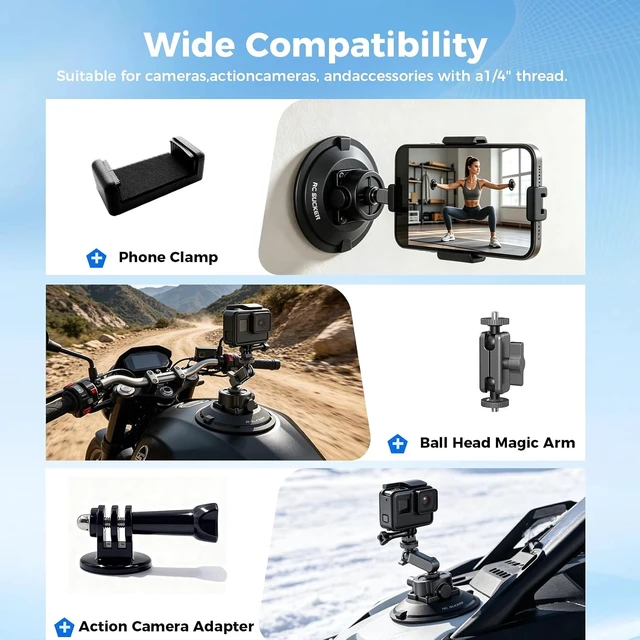 Alt view image 2 of 7 - 6" Suction Cup Camera Mount with Ball Head Magic Arm - RC6001AP