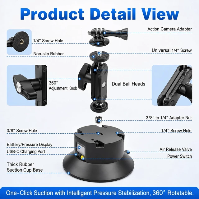 Alt view image 2 of 7 - 6" Electric Suction Cup Camera Mount Kit with Display, 5KG Max Load