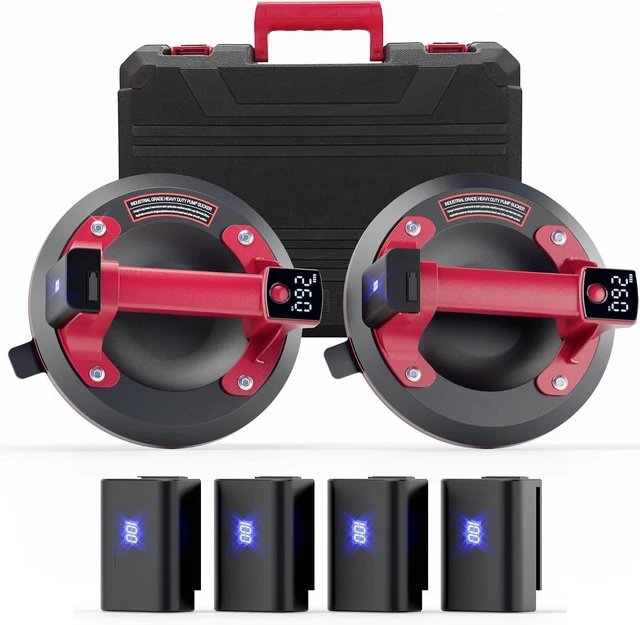Main image of Electric Vacuum Suction Cup Lifter, 570lbs Max Load with Digital Display, 4x 3000mAh USB Batteries for Glass/Mirror/Marble/Granite/Windshields/Tile